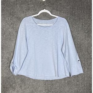 Chicos Ultimate Tee Shirt Womens US Size L Blue Slub Knit Scoop Neck Roll Tab‎
